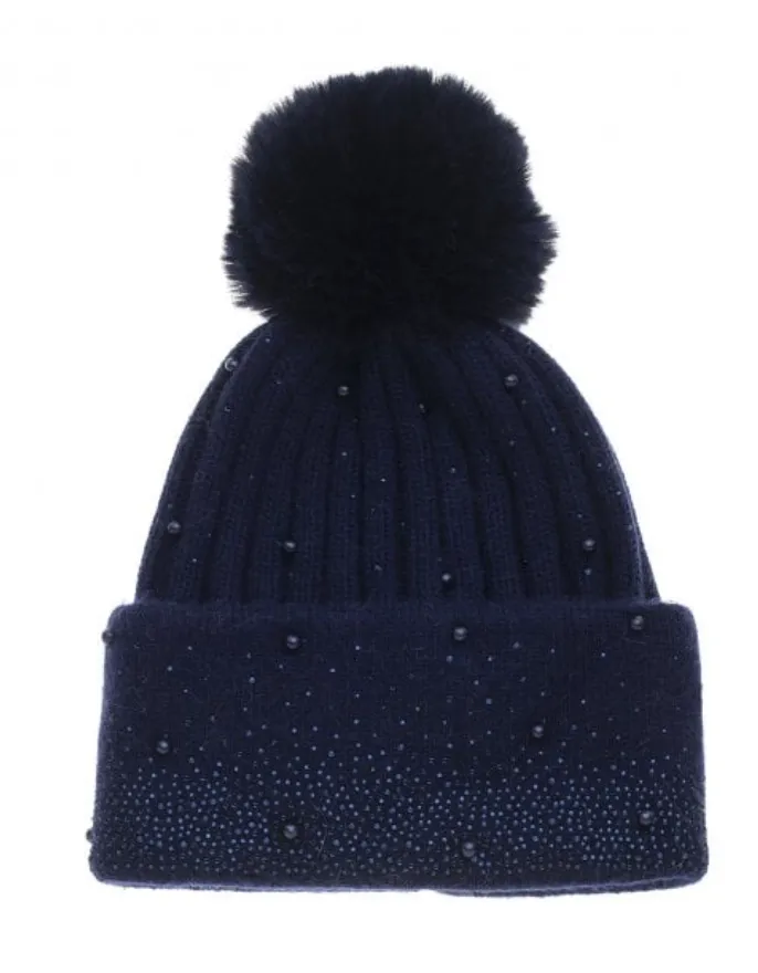 Park Lane HAT14 Ribbed Knitted Bobble Hat With Matching Scattered Gem Detail (2 Colours)