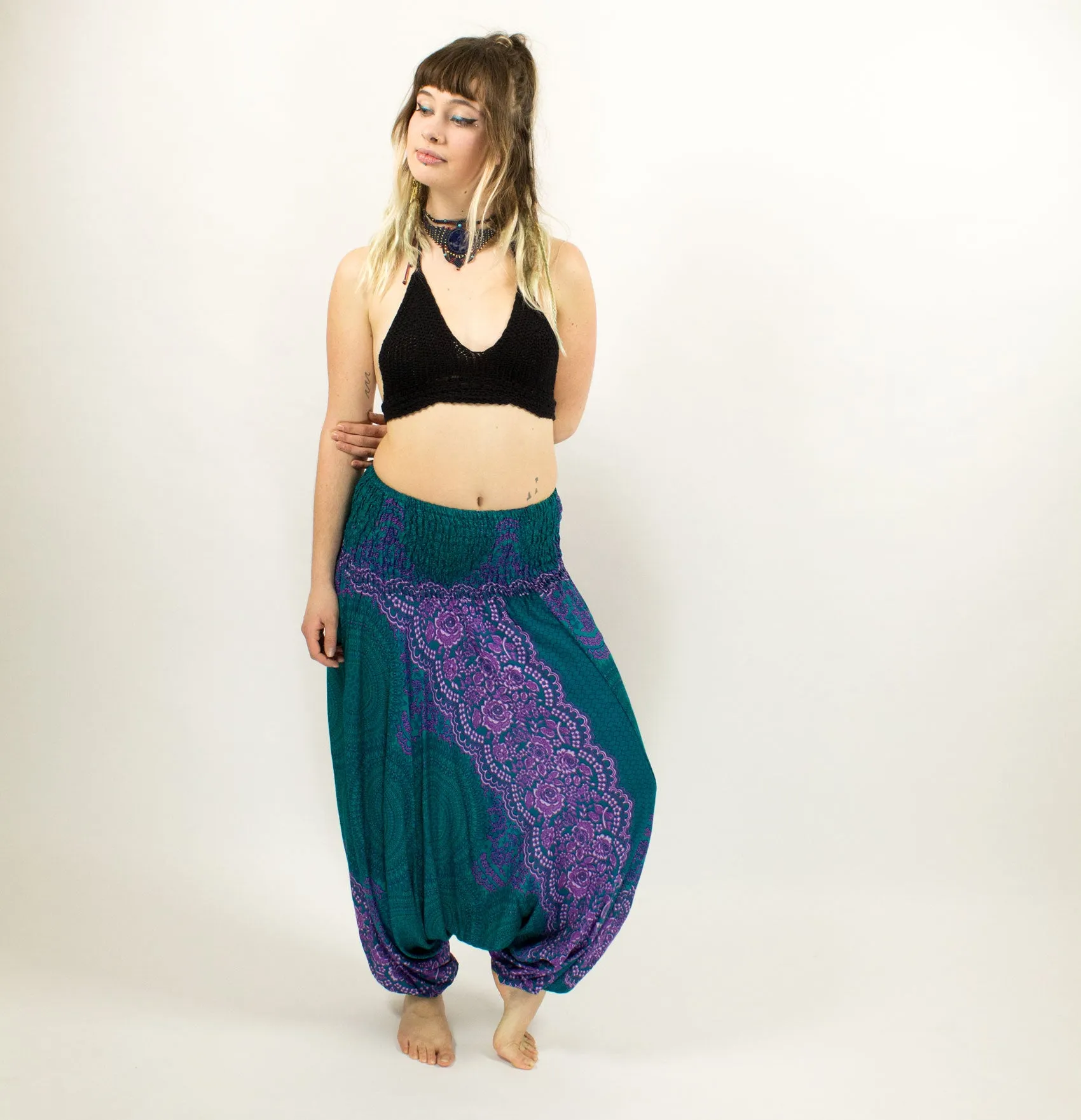 PATTERNED HAREM LOW CROTCH PANTS TURQUOISE