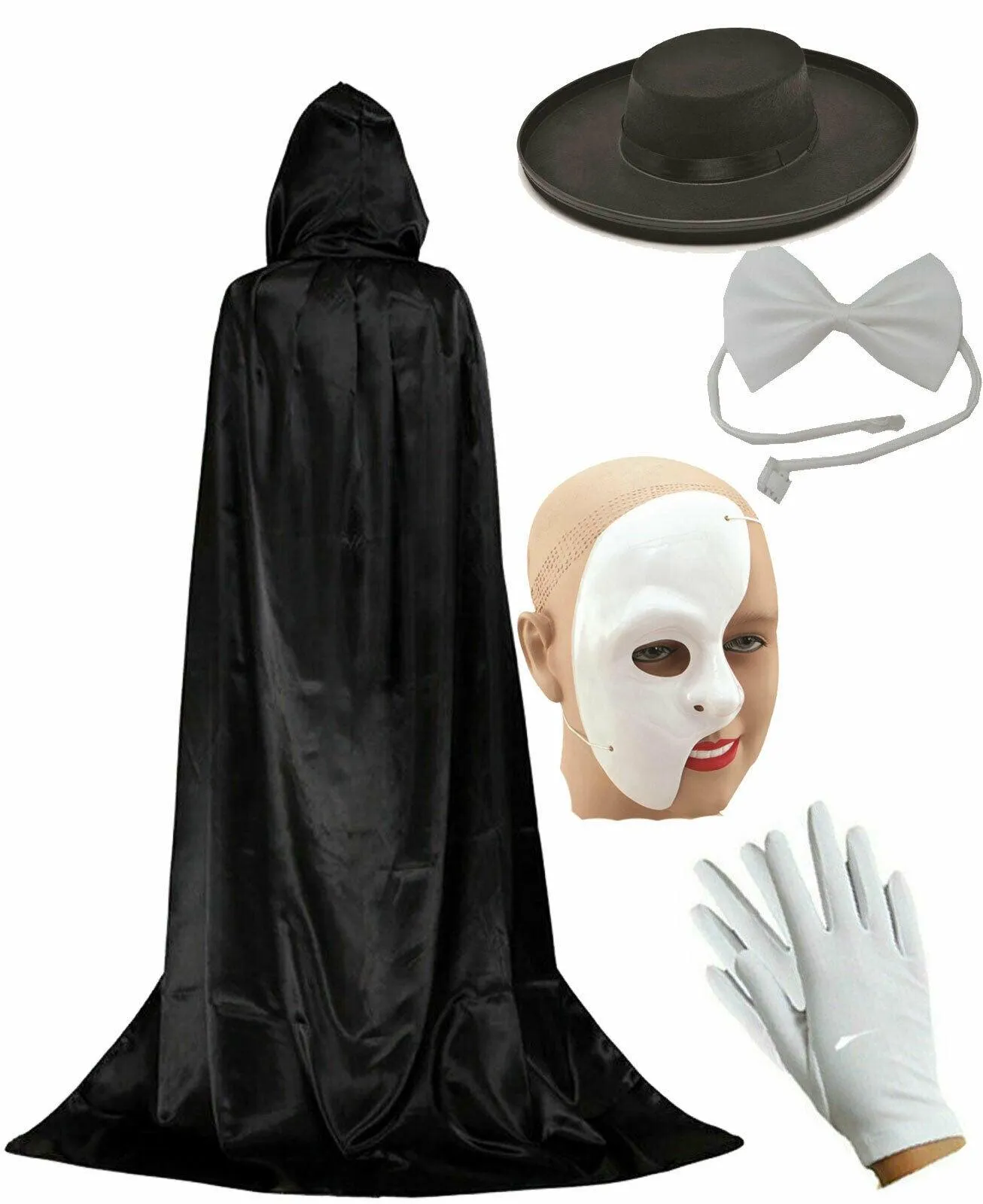 Phantom of the Opera Theatre Masquerade Fancy Dress Cape Mask Hat Bow Tie Set