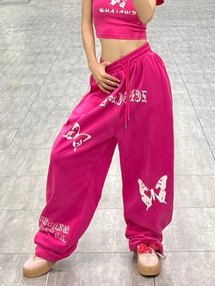 Pink Y2k Women's Sports Pants Baggy Pattern Wide Leg Pants