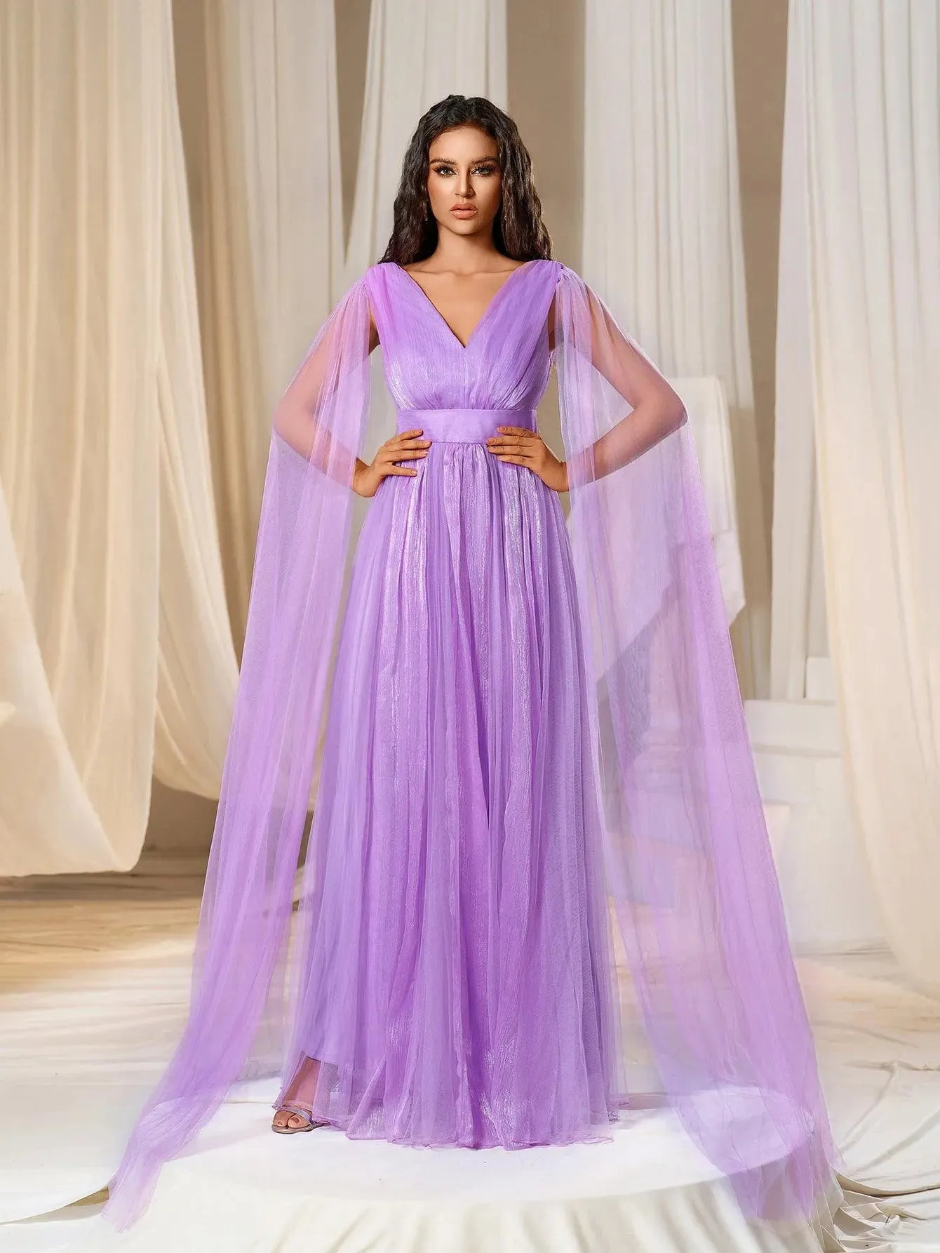 Plunging Neck A Line Bridesmaid dress With Cape