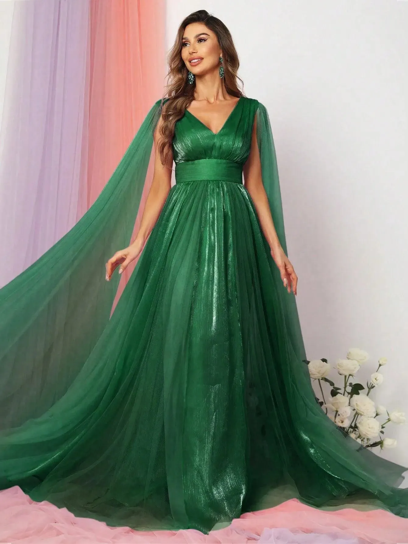 Plunging Neck A Line Bridesmaid dress With Cape