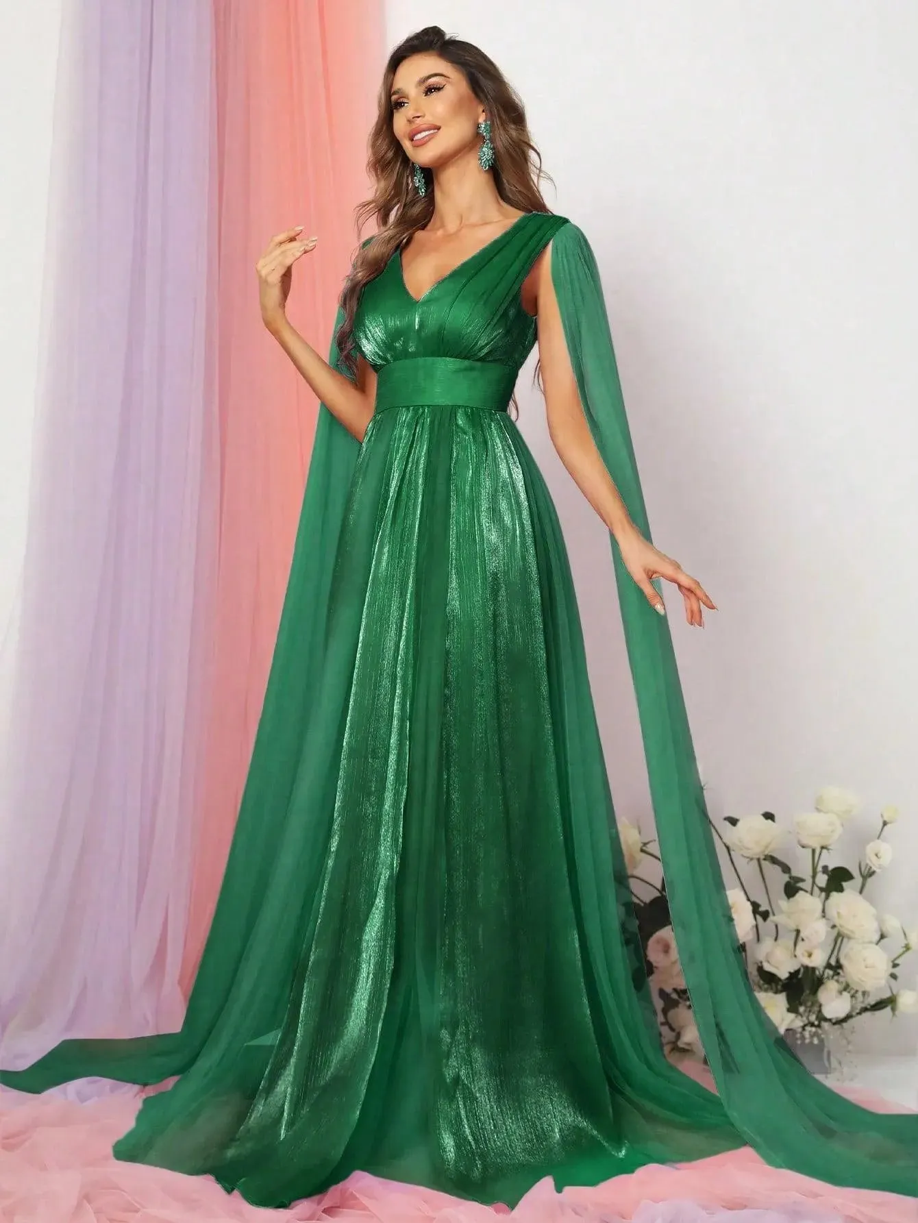 Plunging Neck A Line Bridesmaid dress With Cape