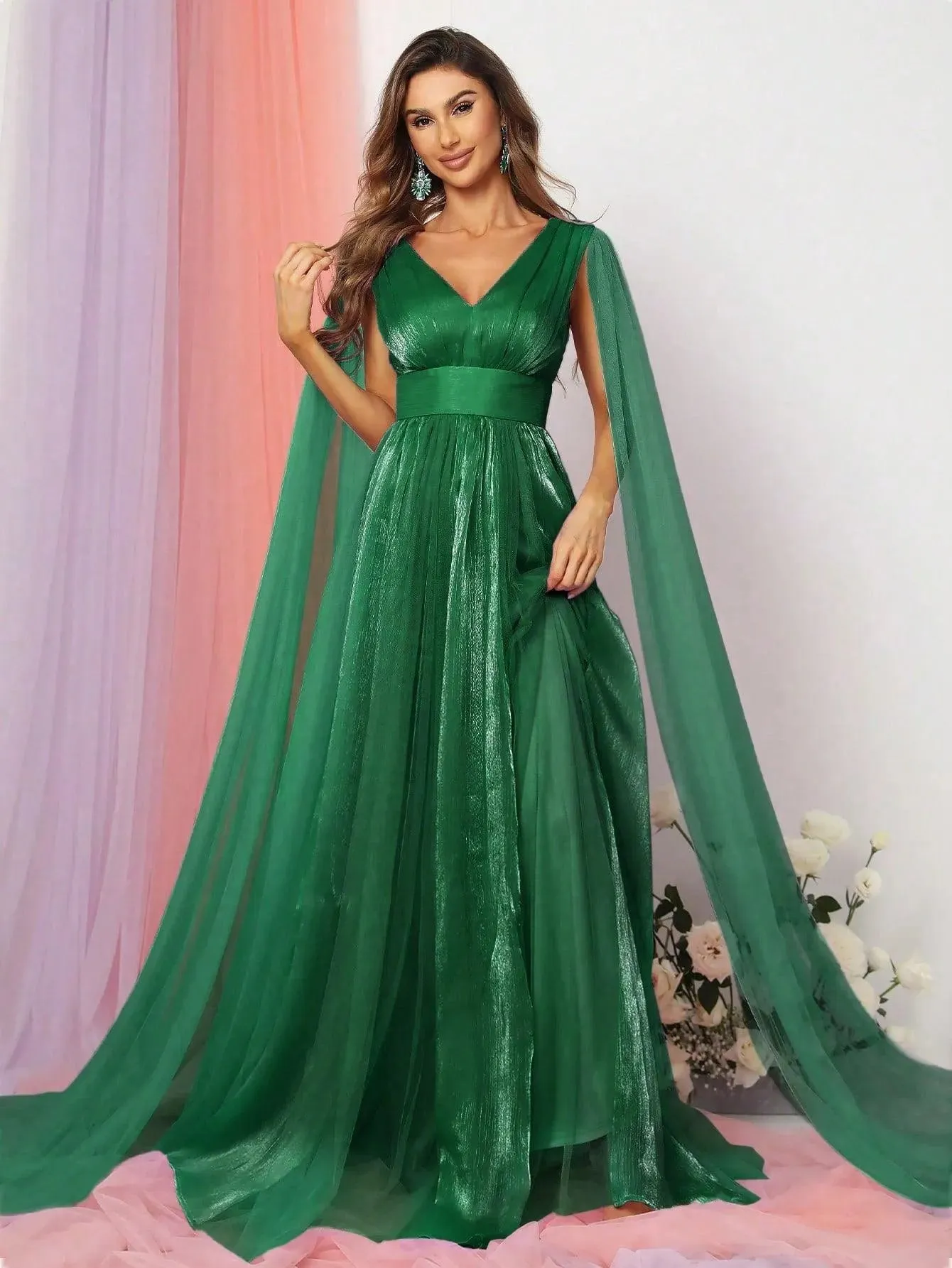 Plunging Neck A Line Bridesmaid dress With Cape