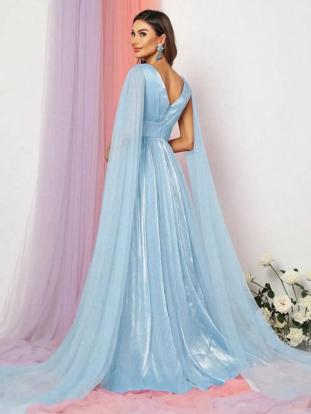 Plunging Neck A Line Bridesmaid dress With Cape