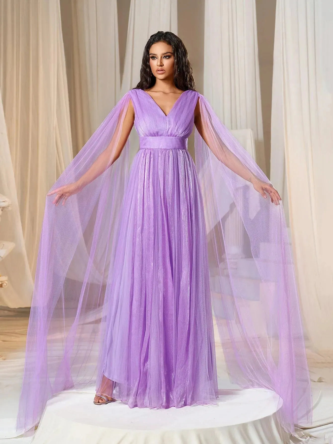 Plunging Neck A Line Bridesmaid dress With Cape