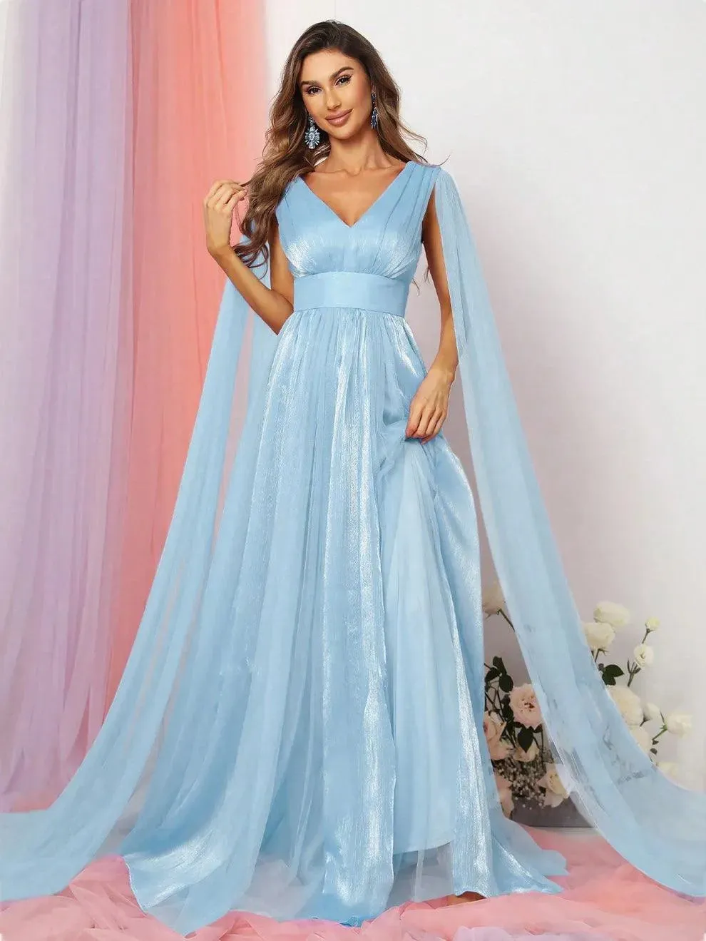 Plunging Neck A Line Bridesmaid dress With Cape