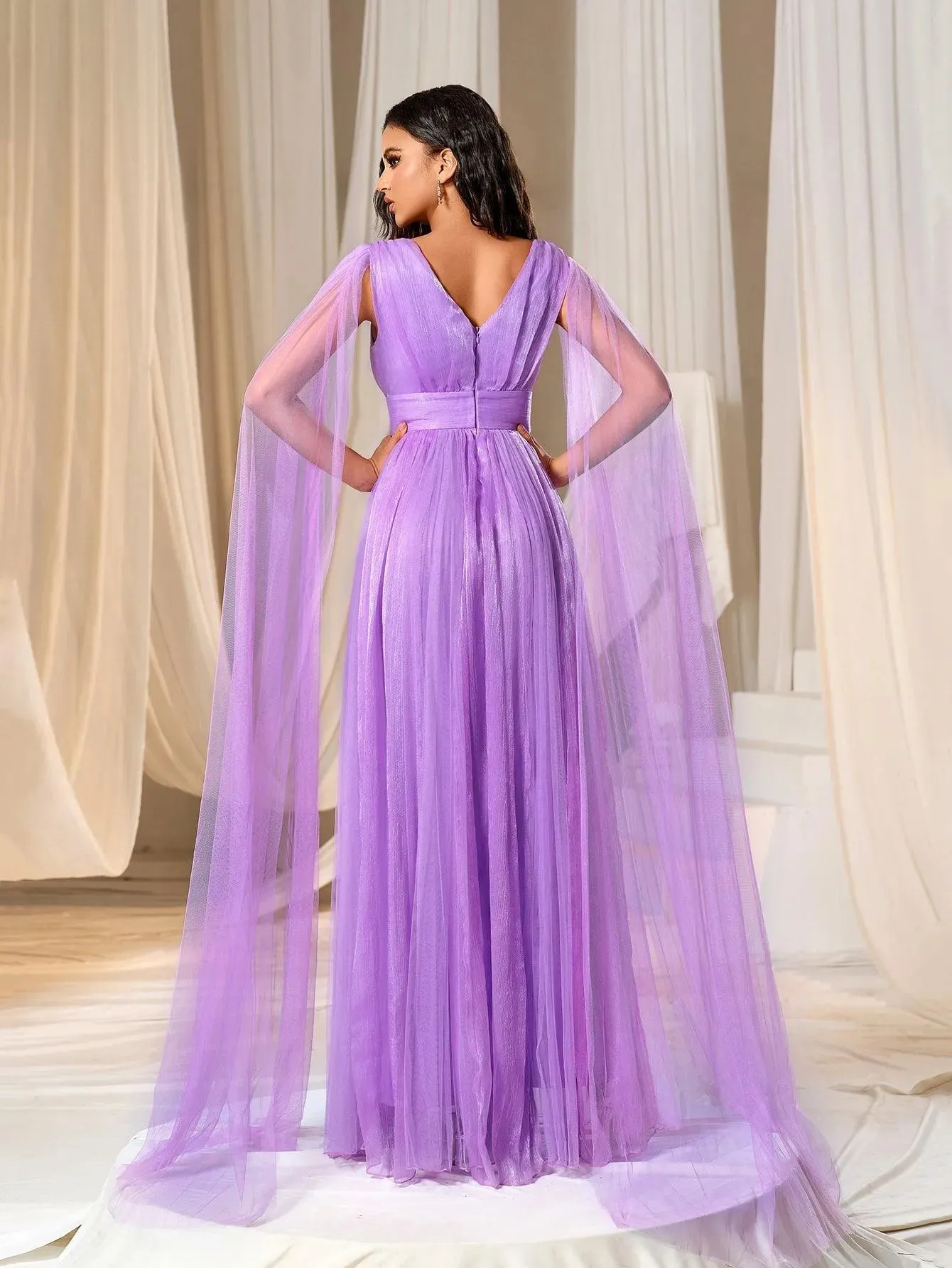 Plunging Neck A Line Bridesmaid dress With Cape