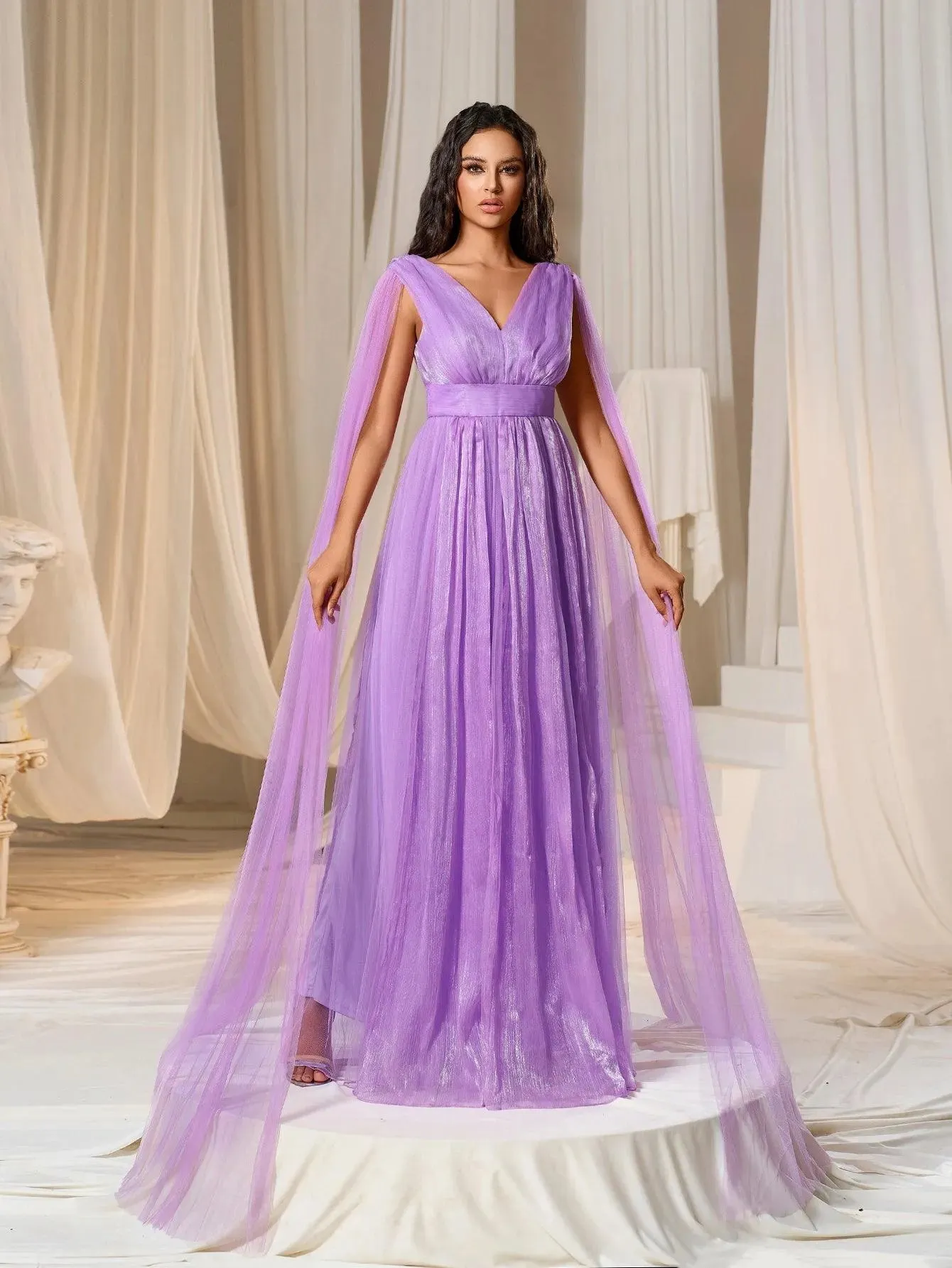 Plunging Neck A Line Bridesmaid dress With Cape