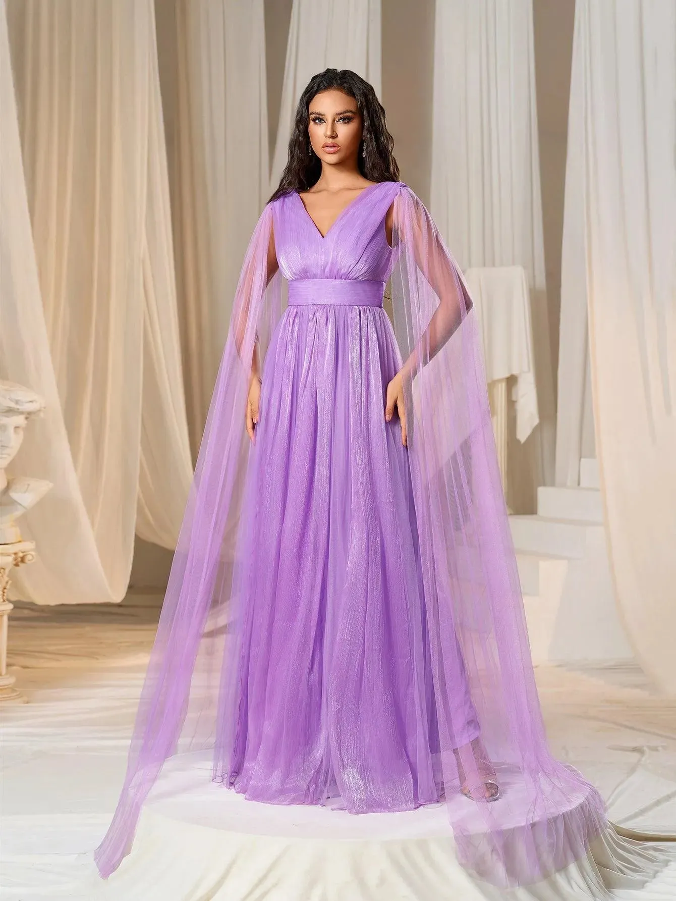 Plunging Neck A Line Bridesmaid dress With Cape