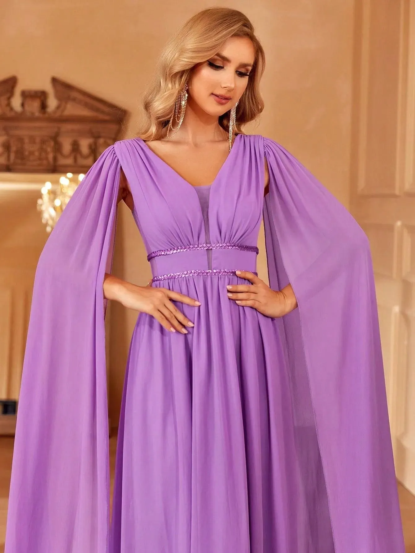 Plunging Neck Cloak Sleeve Chiffon A Line Dress