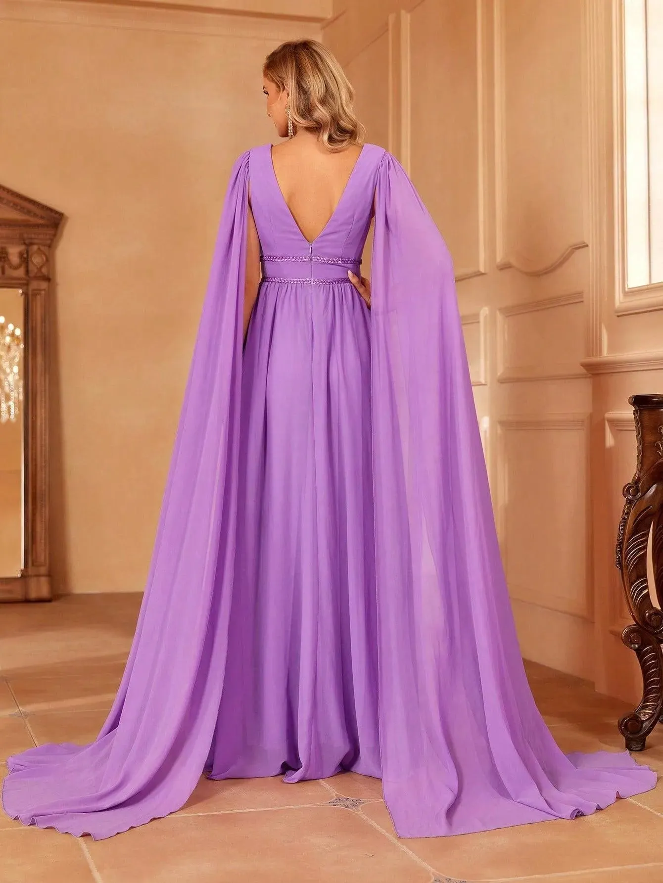 Plunging Neck Cloak Sleeve Chiffon A Line Dress