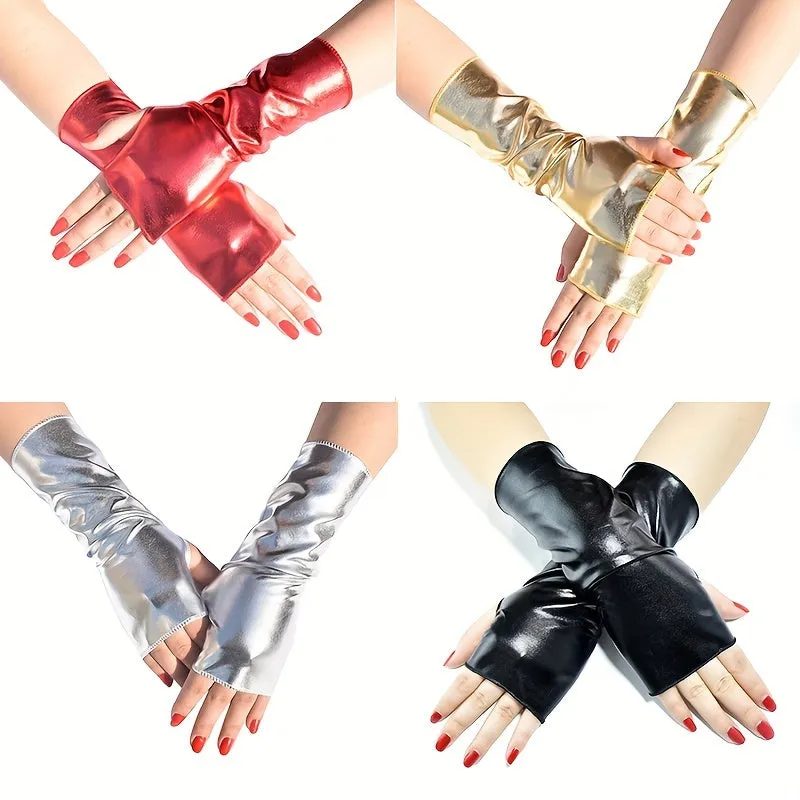 Punk Monochrome Fingerless Party Gloves  Unisex PU Leather