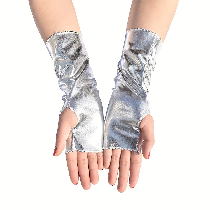 Punk Monochrome Fingerless Party Gloves  Unisex PU Leather