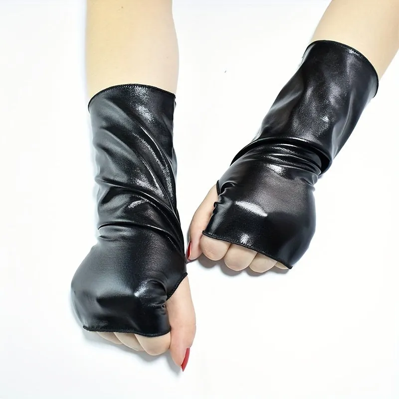 Punk Monochrome Fingerless Party Gloves  Unisex PU Leather