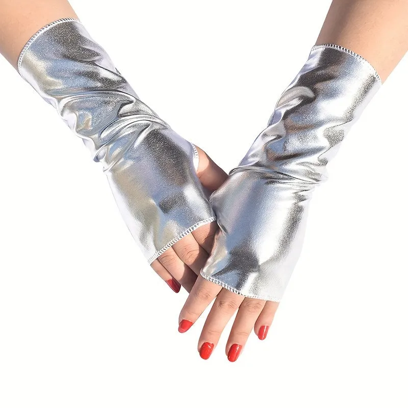 Punk Monochrome Fingerless Party Gloves  Unisex PU Leather