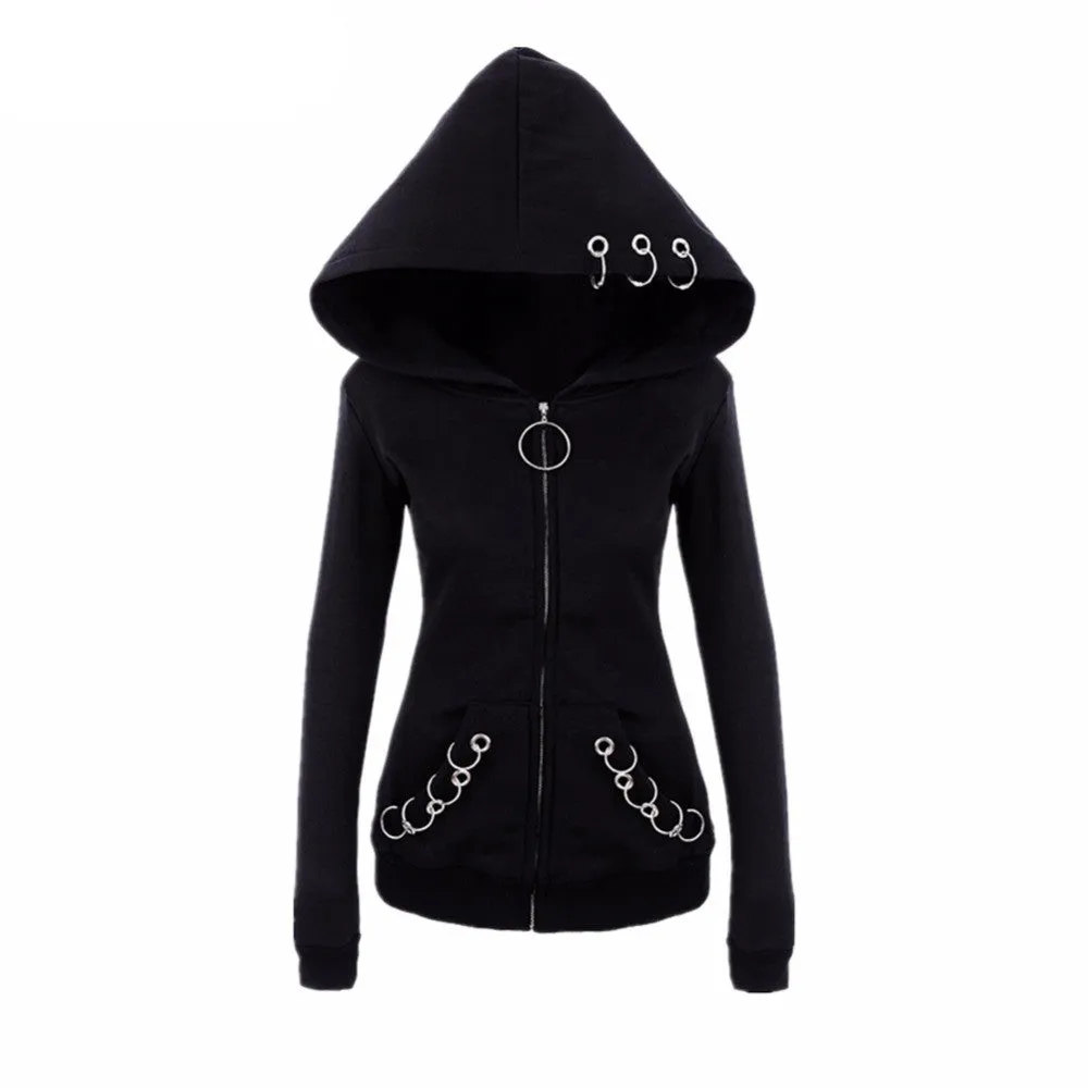 Punk Style Iron Ring Hooded Zipped Up Jacket