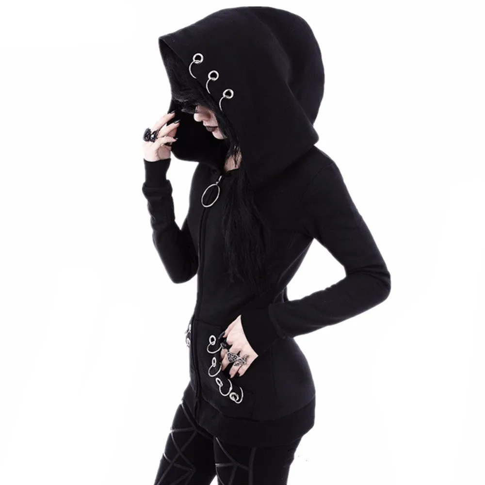 Punk Style Iron Ring Hooded Zipped Up Jacket