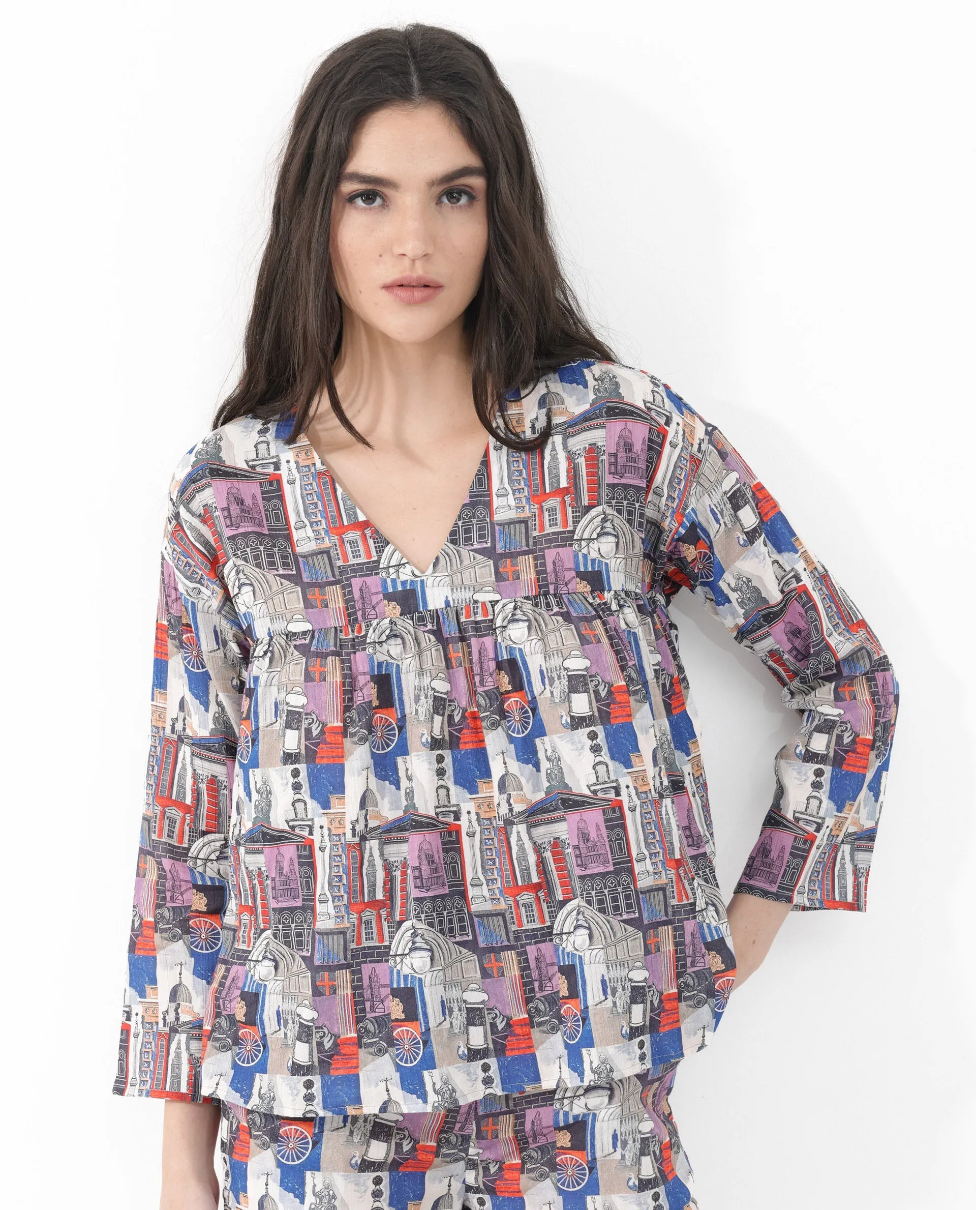 Rareism Women Rinata-T Multi Cotton Fabric Regular Sleeves V-Neck Abstract Print Regular Length Top