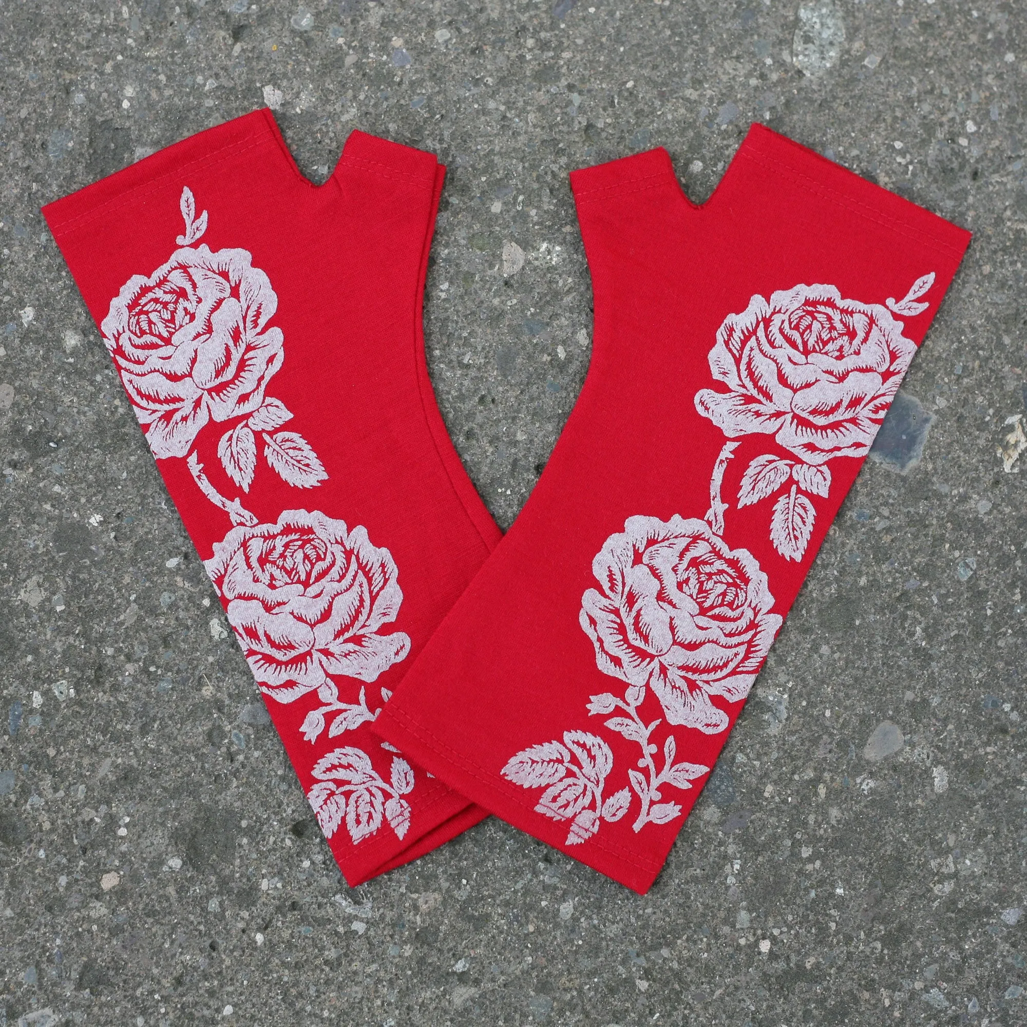 Red rose print merino fingerless gloves