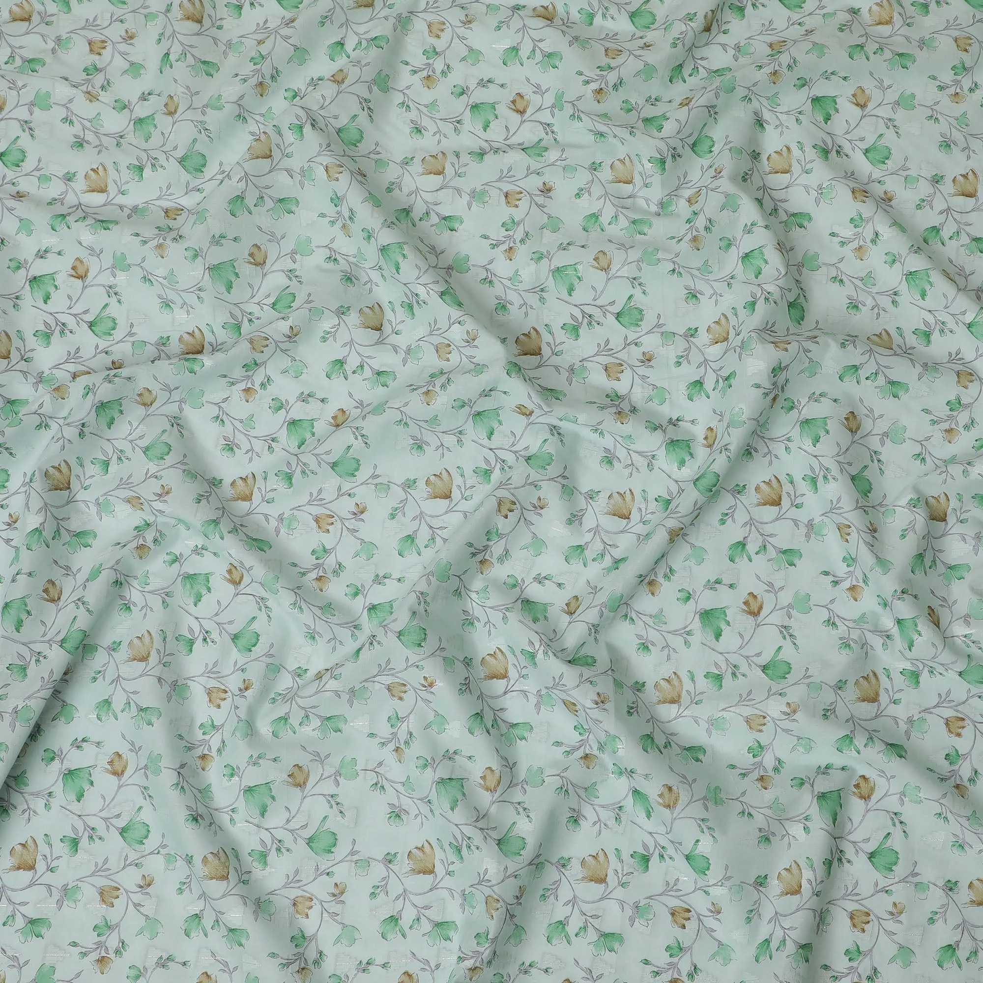 Refreshing Mint Green Cotton Voile Fabric with Autumn Leaf Print, 110 cm Wide - Breathable Textile from India-D18986