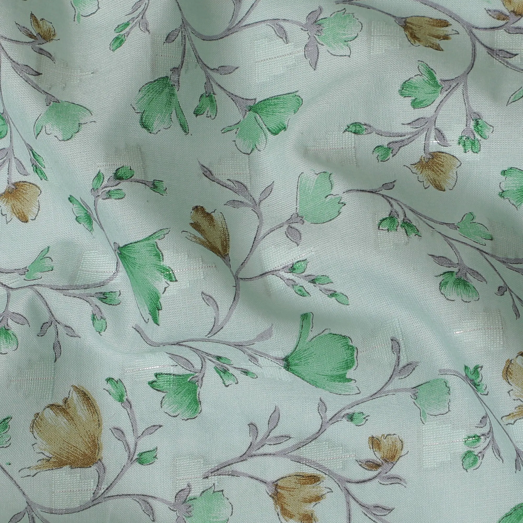 Refreshing Mint Green Cotton Voile Fabric with Autumn Leaf Print, 110 cm Wide - Breathable Textile from India-D18986