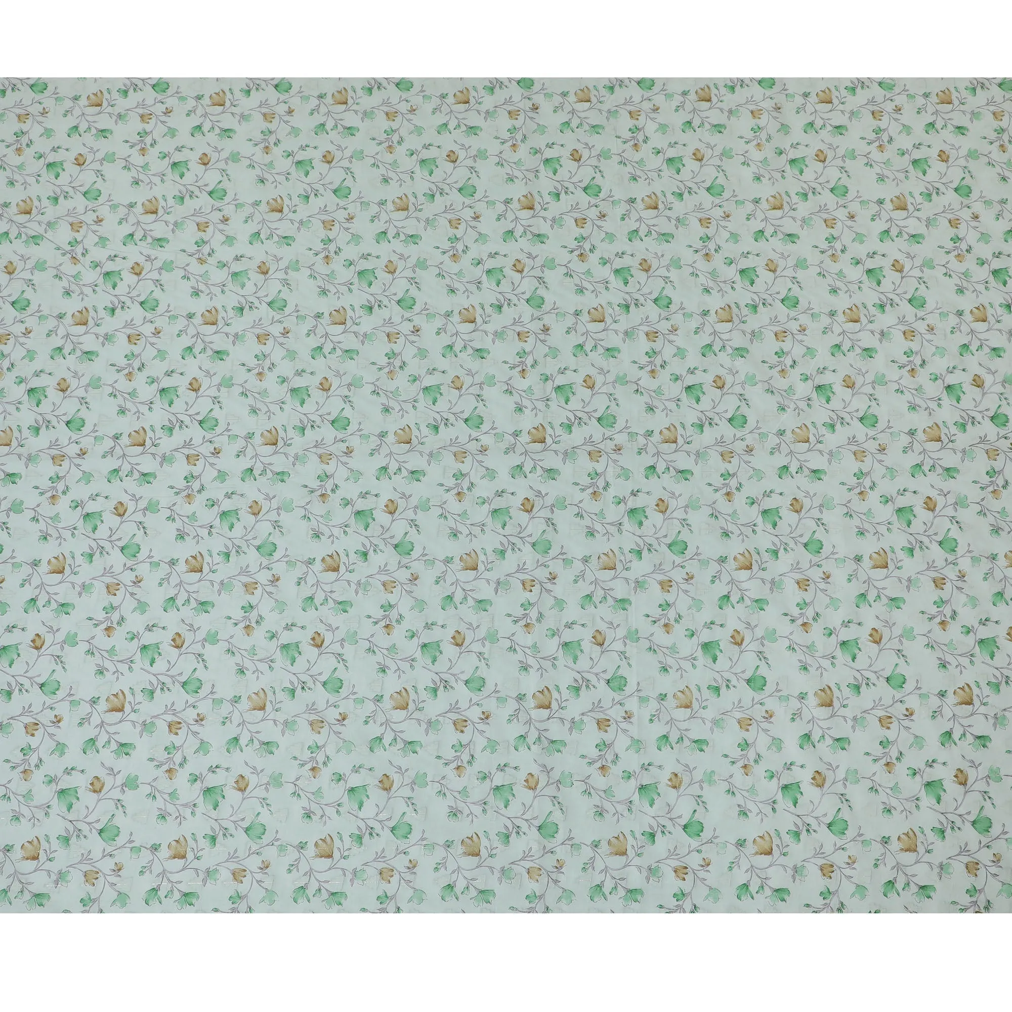 Refreshing Mint Green Cotton Voile Fabric with Autumn Leaf Print, 110 cm Wide - Breathable Textile from India-D18986