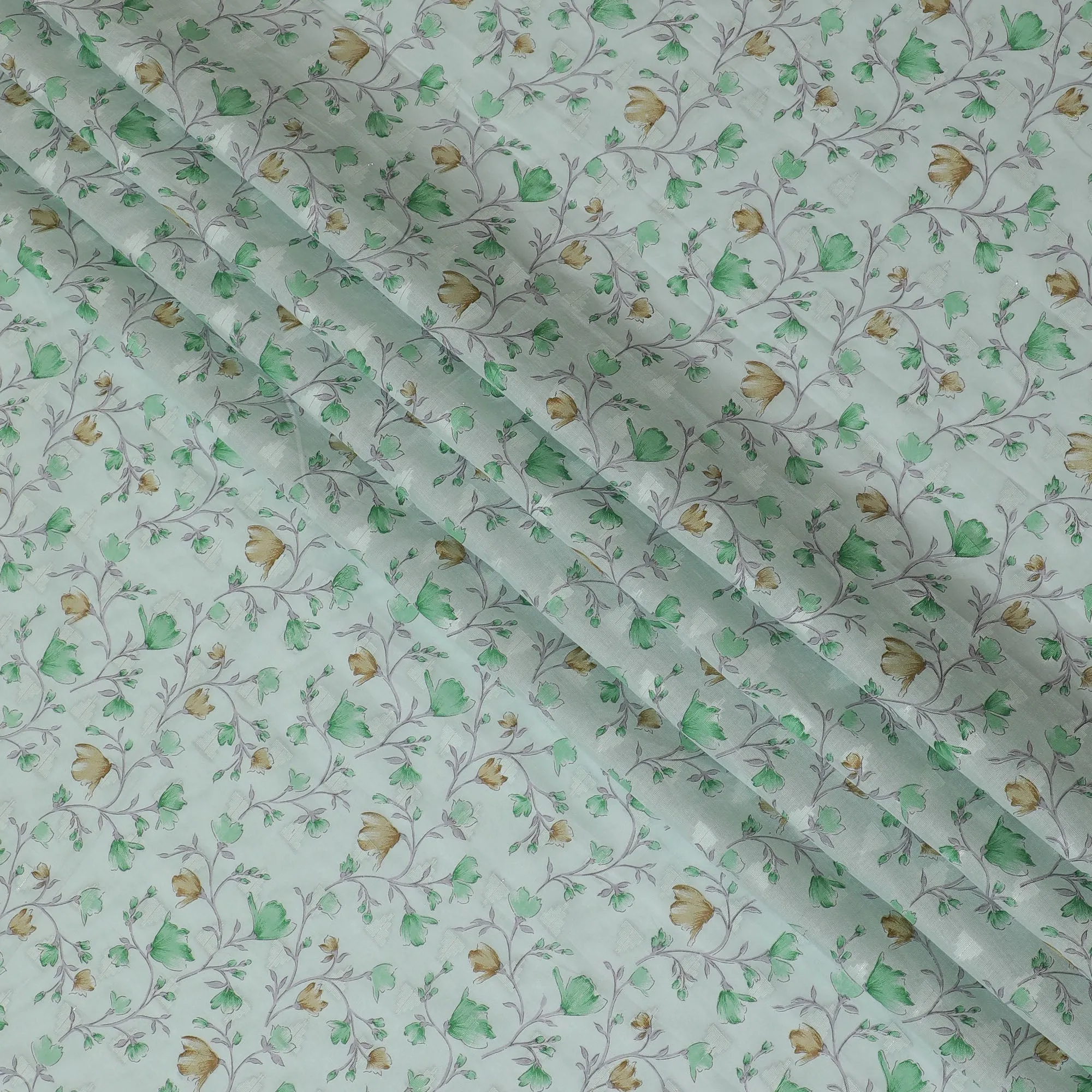 Refreshing Mint Green Cotton Voile Fabric with Autumn Leaf Print, 110 cm Wide - Breathable Textile from India-D18986