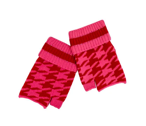 Rippe's Furs Crystal Embellished Houndstooth Print 3 Piece Hat/Scarf/Glove Set - Red/Pink