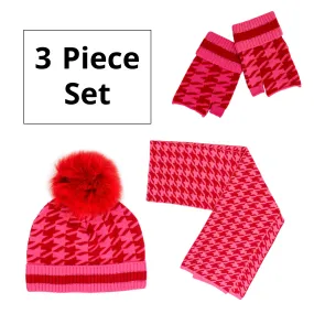 Rippe's Furs Crystal Embellished Houndstooth Print 3 Piece Hat/Scarf/Glove Set - Red/Pink