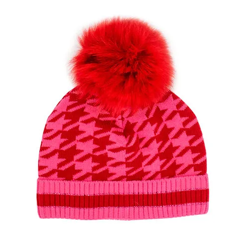 Rippe's Furs Crystal Embellished Houndstooth Print 3 Piece Hat/Scarf/Glove Set - Red/Pink