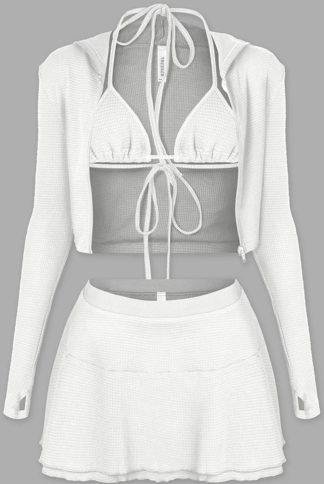 Sadie 3pc Waffle Knit Bra Top, Hoodie & Mini Skirt Set