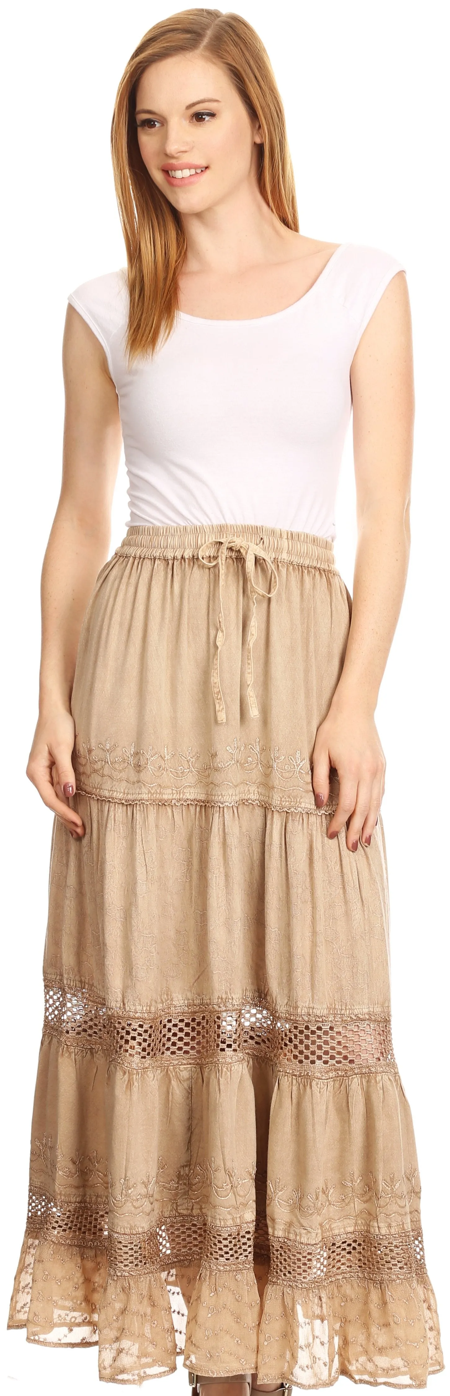 Sakkas Salina Boho Maxi Skirt with Embroidery and Crochet Lace  Adjustable Waist