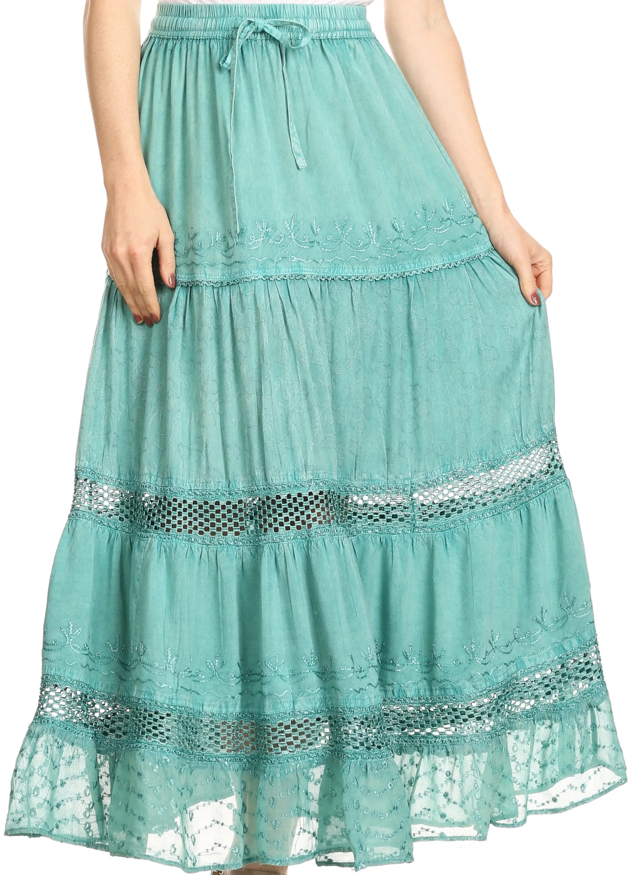 Sakkas Salina Boho Maxi Skirt with Embroidery and Crochet Lace  Adjustable Waist