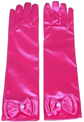 Satin Gloves Princess Dress Up Bows Gloves Long Gloves for Party(Rose Red)