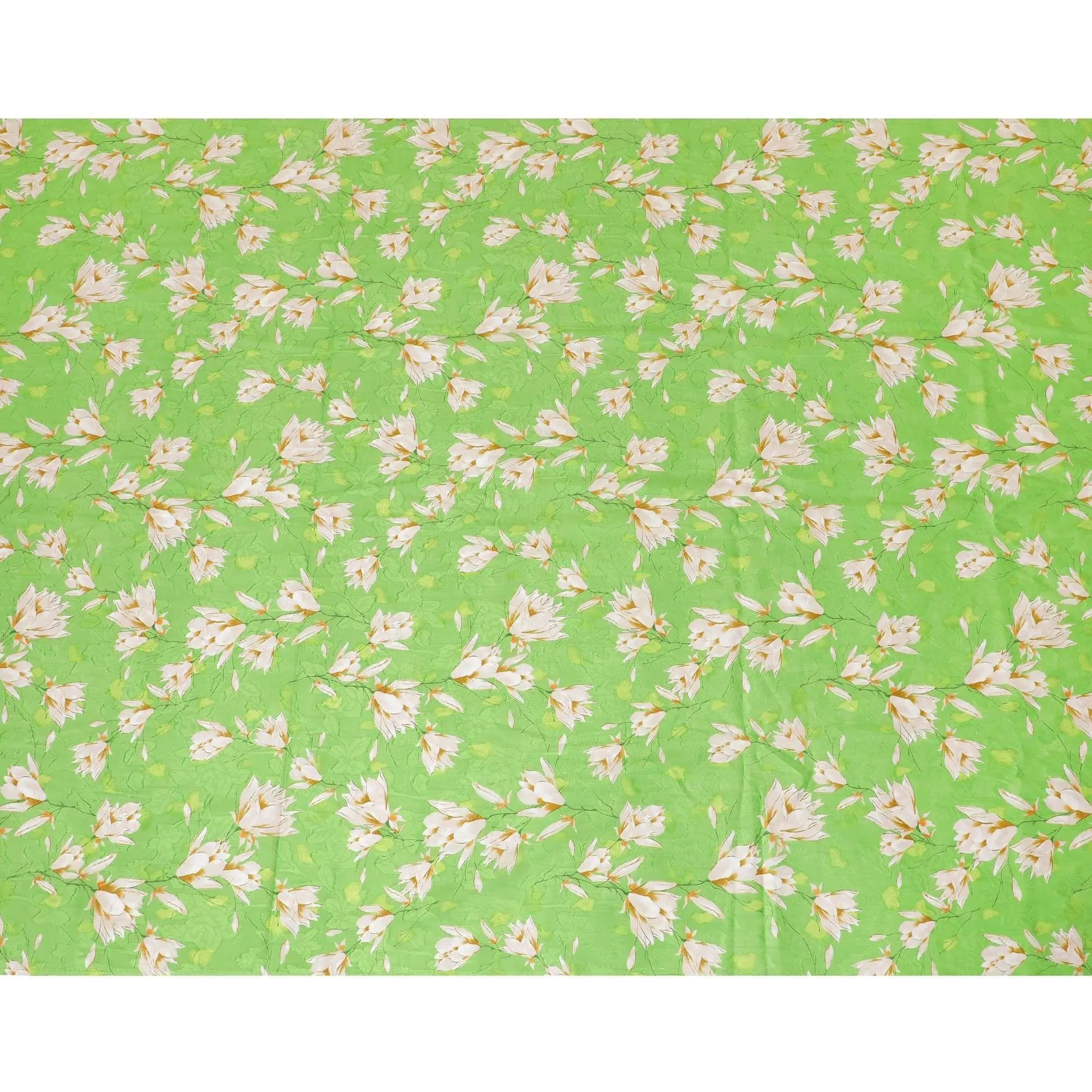 Screamin green uragiri cotton voile fabric with same tone jacquard having off white, light mustard and peach print in floral design-D7322