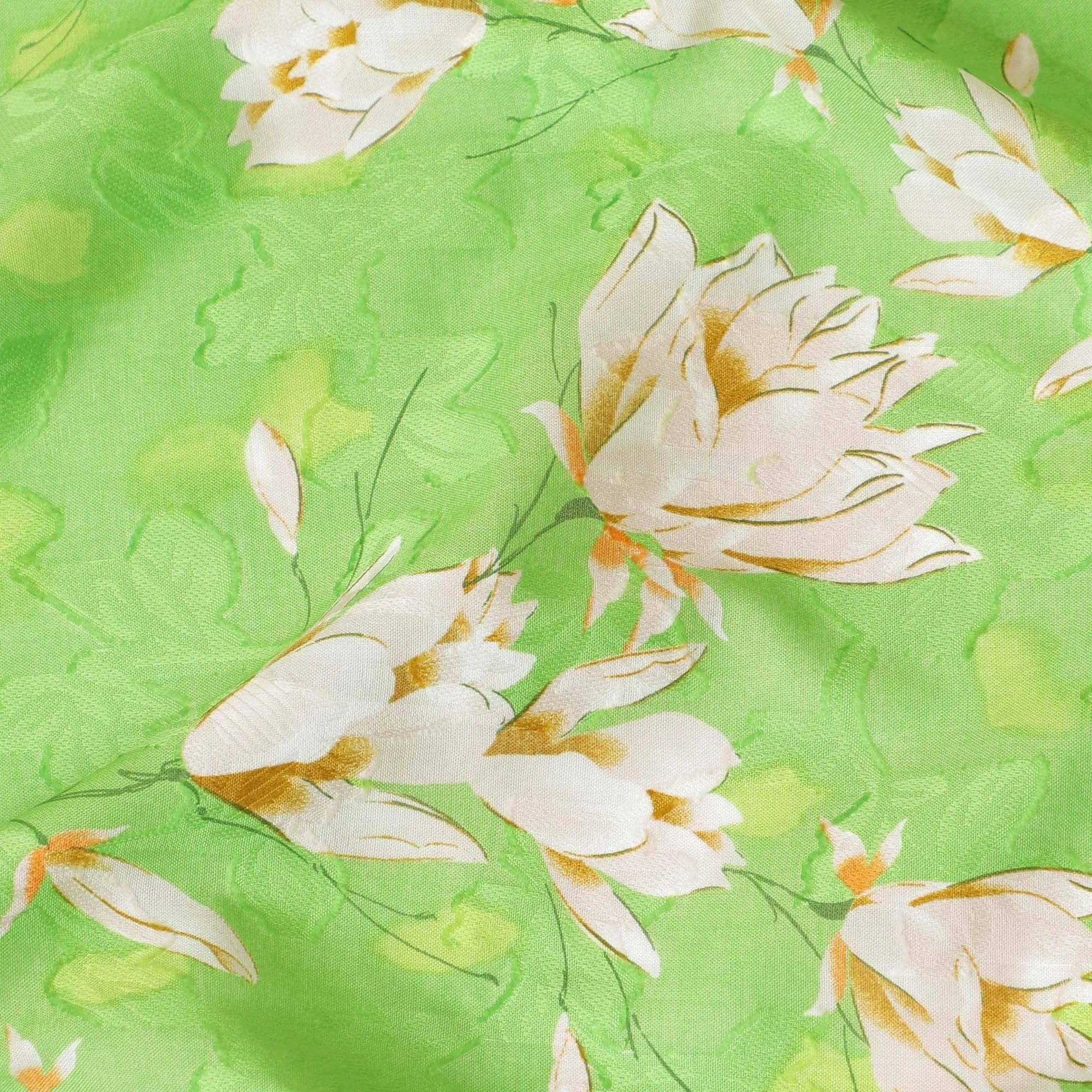 Screamin green uragiri cotton voile fabric with same tone jacquard having off white, light mustard and peach print in floral design-D7322