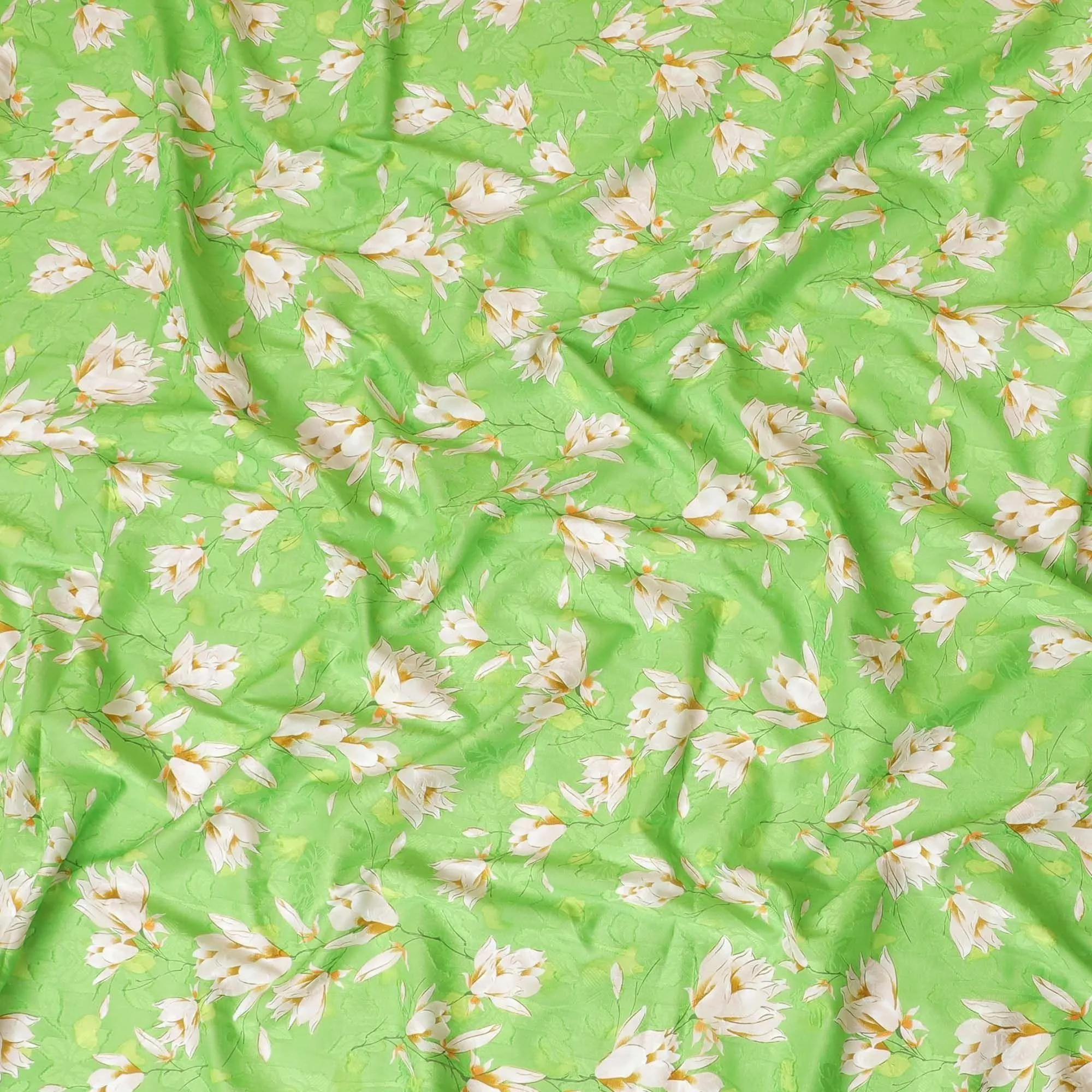 Screamin green uragiri cotton voile fabric with same tone jacquard having off white, light mustard and peach print in floral design-D7322