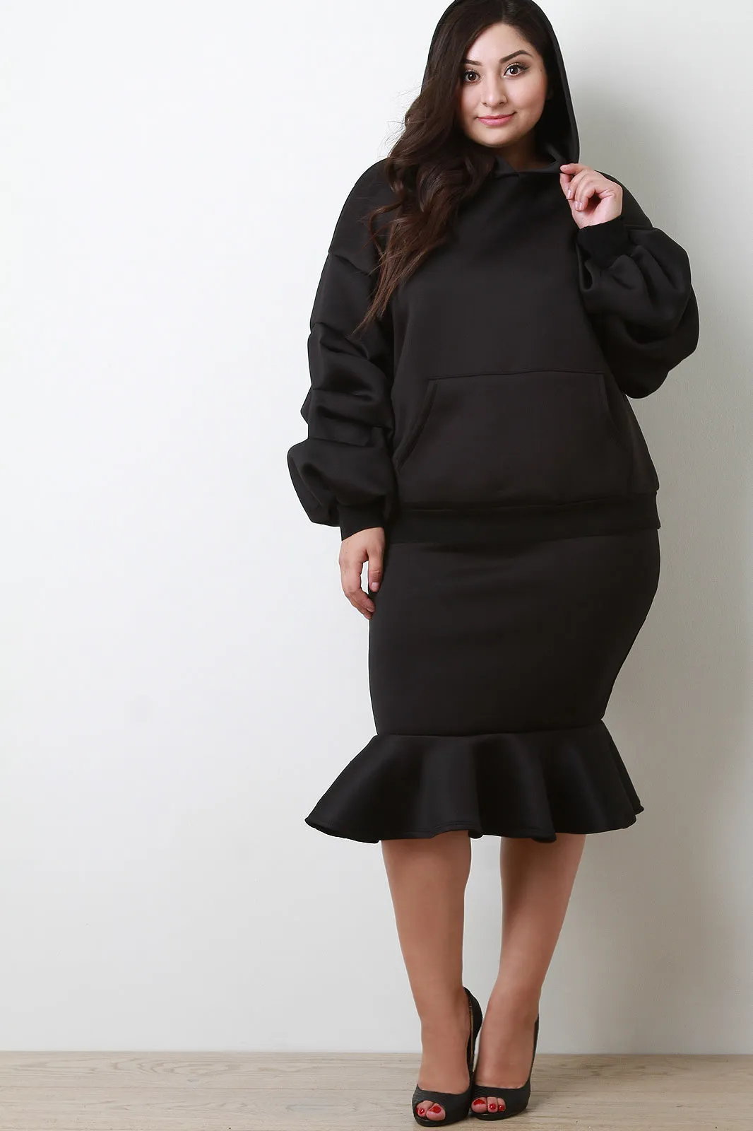 Scuba Ruched Statement Sleeves Hoodie With Peplum Skirt Set