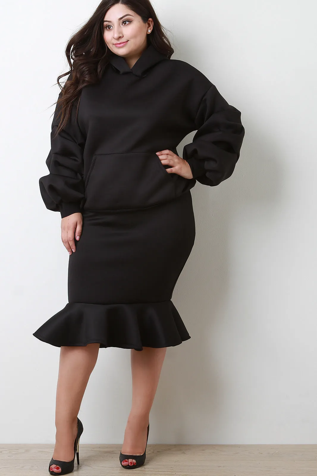 Scuba Ruched Statement Sleeves Hoodie With Peplum Skirt Set