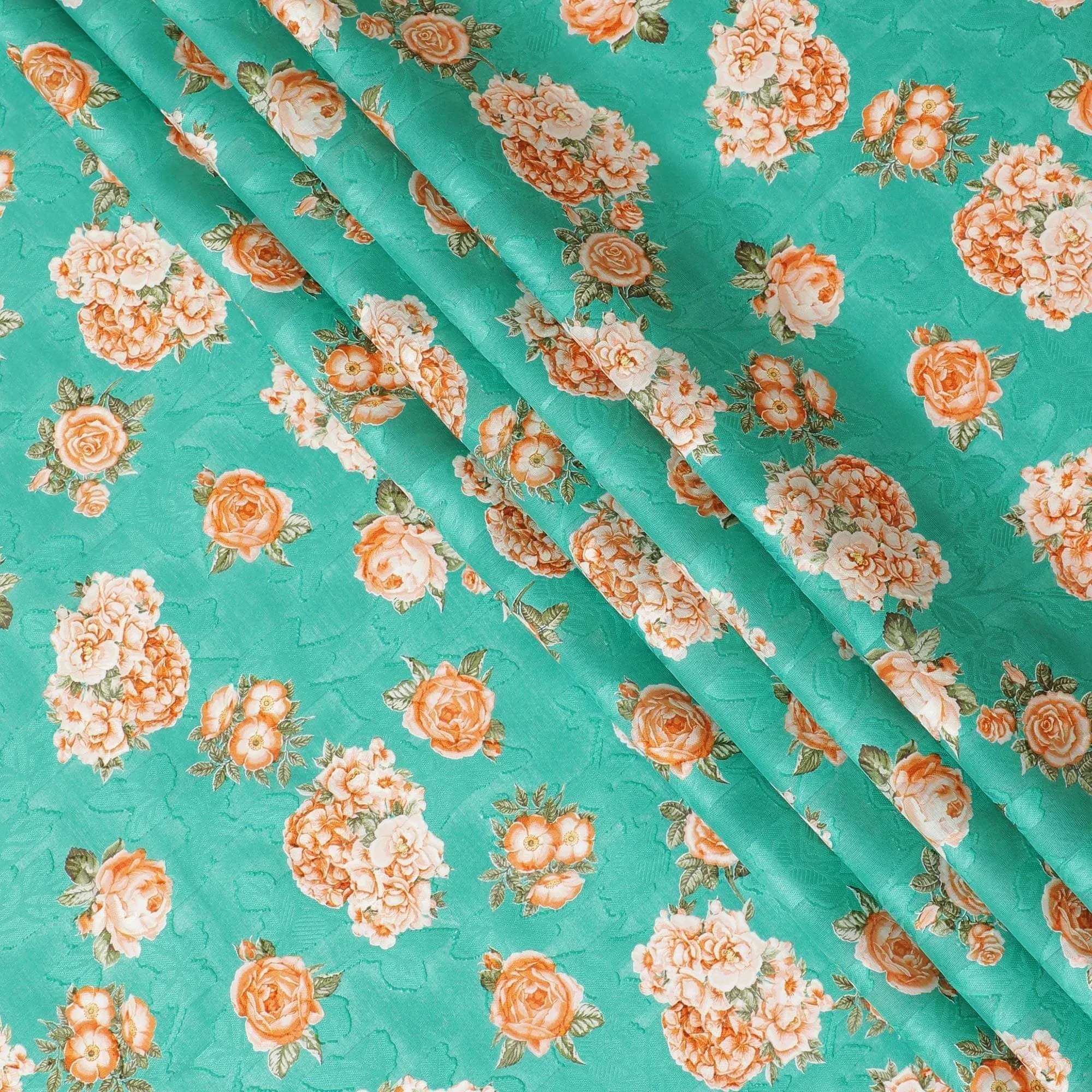 Sea green uragiri cotton voile fabric with same tone jacquard having multicolor print in floral design-D10054