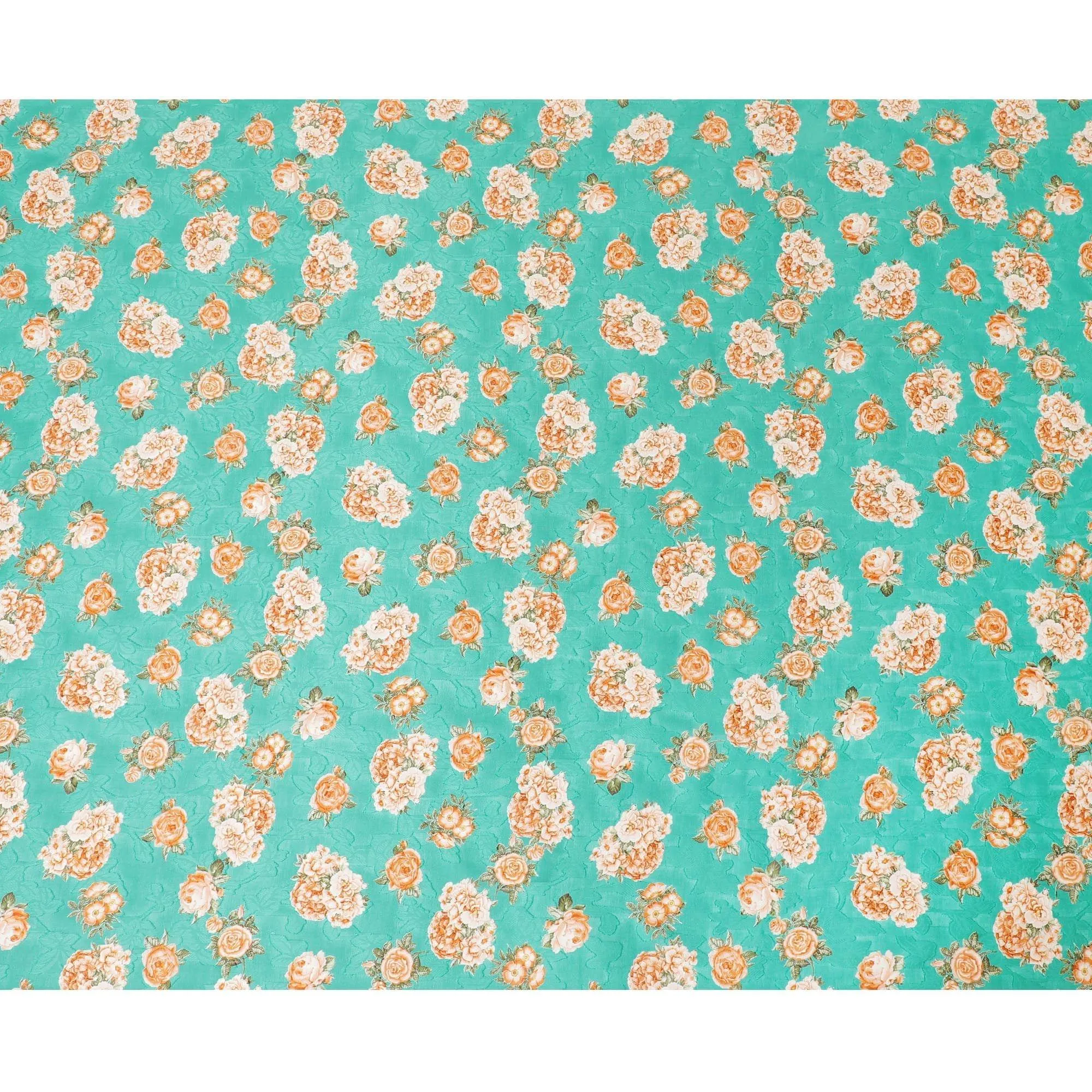 Sea green uragiri cotton voile fabric with same tone jacquard having multicolor print in floral design-D10054