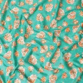 Sea green uragiri cotton voile fabric with same tone jacquard having multicolor print in floral design-D10054