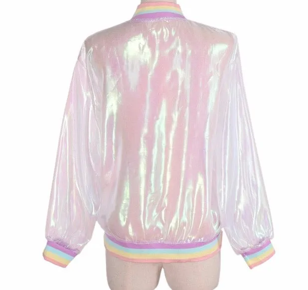 Sheer iridescent anime fashion bomber jacket