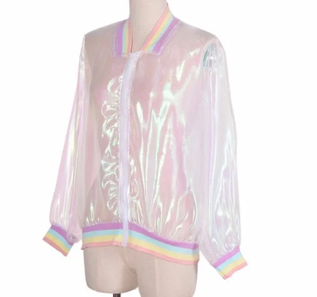 Sheer iridescent anime fashion bomber jacket