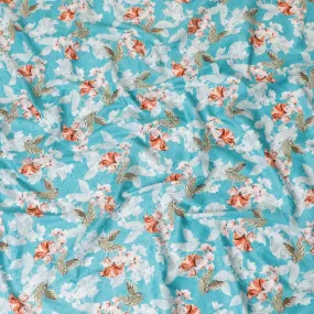 Sky blue uragiri cotton voile fabric with same tone jacquard having off white, peach and sage green print in floral design-D7339