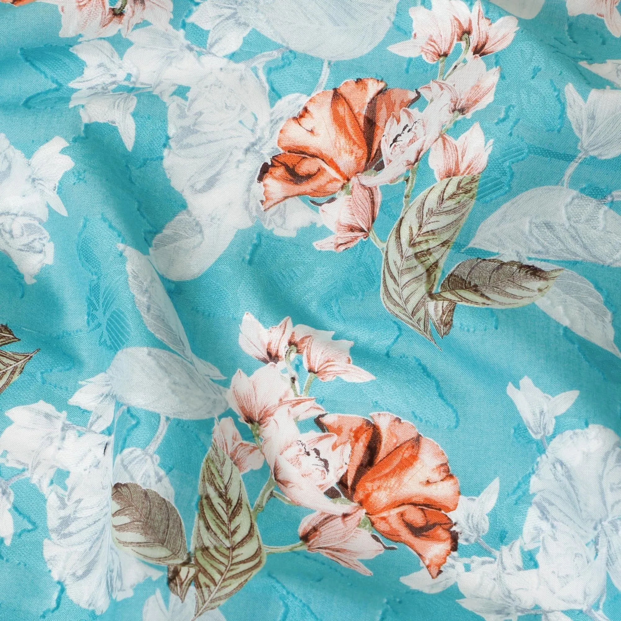 Sky blue uragiri cotton voile fabric with same tone jacquard having off white, peach and sage green print in floral design-D7339