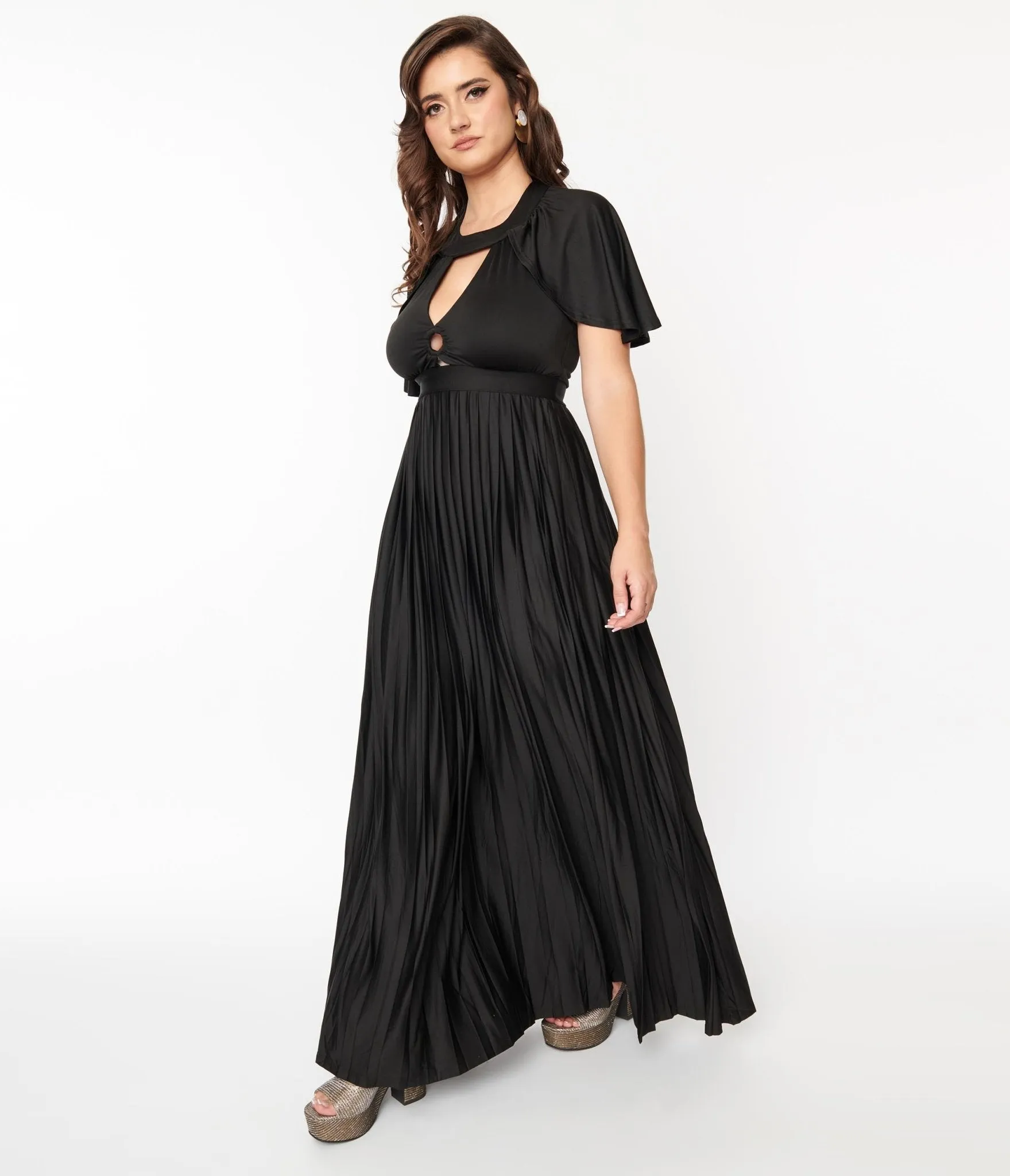 Smak Parlour 1970s Black Pleated Cape Maxi Dress