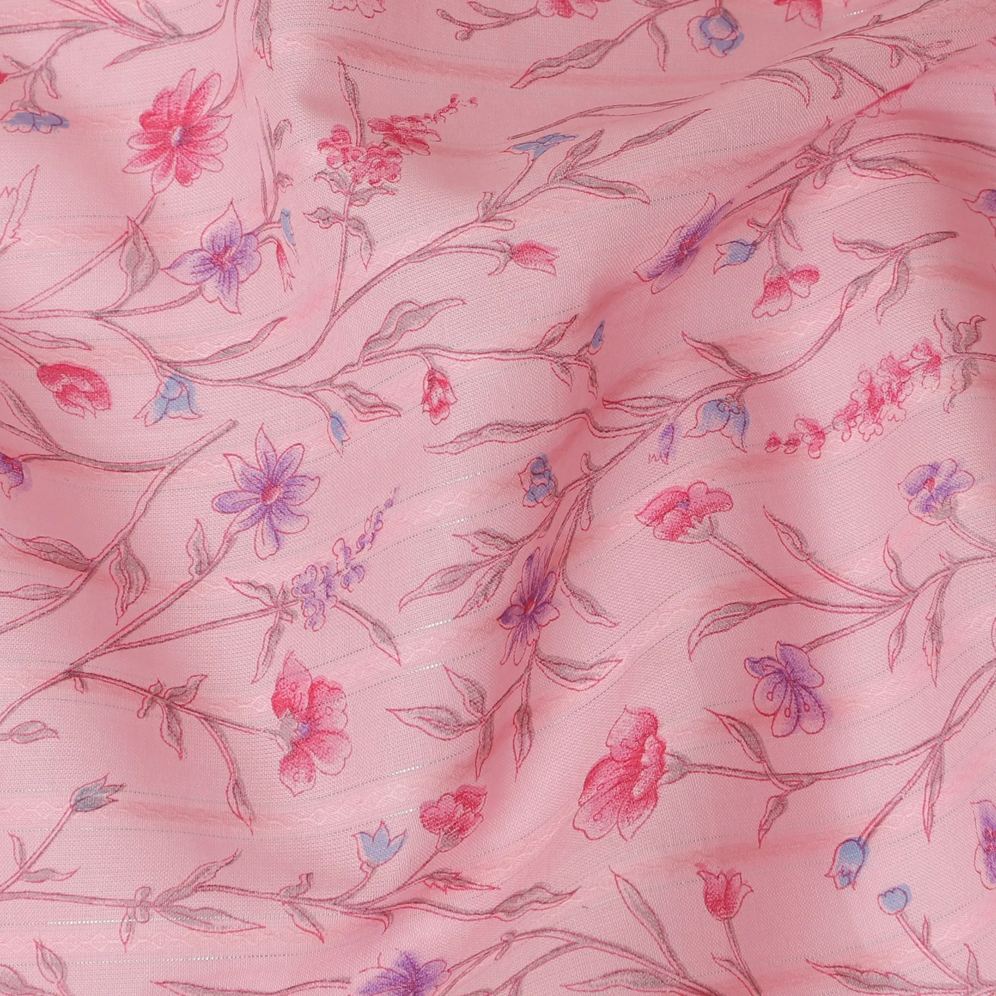 Soft Pink Cotton Voile Fabric with Delicate Blue and Red Floral Print, 110 cm Wide - Graceful Indian Textile-D18989