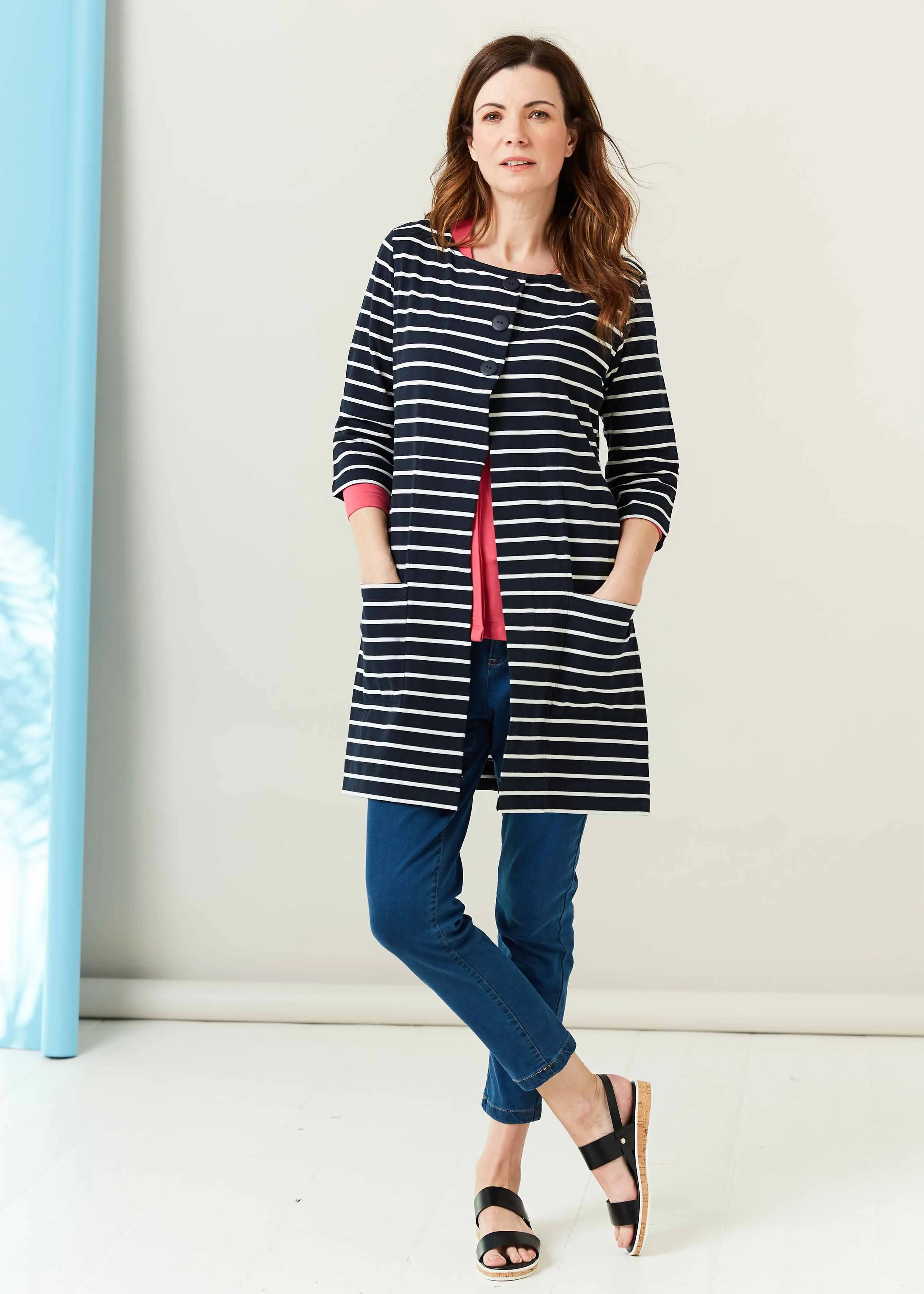 Sophie Cotton Jersey 3/4 Sleeve Long VELCRO® Brand Fastening Cardigan